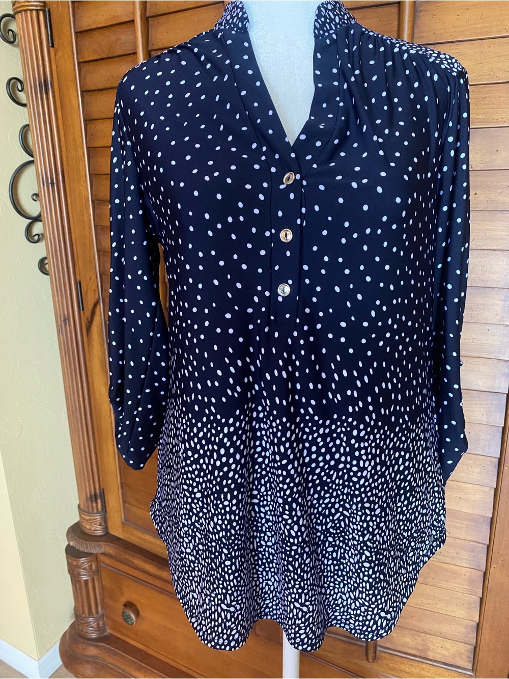 Perseption Black & White Polka Dot V-Neck Blouse